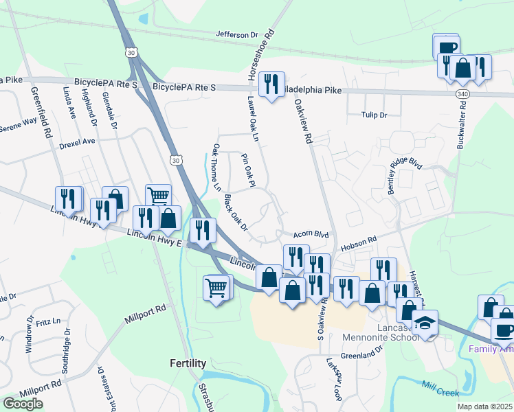 map of restaurants, bars, coffee shops, grocery stores, and more near 218 Black Oak Drive in Lancaster
