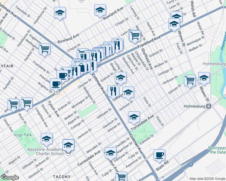 map of restaurants, bars, coffee shops, grocery stores, and more near 4240 Aldine Street in Philadelphia