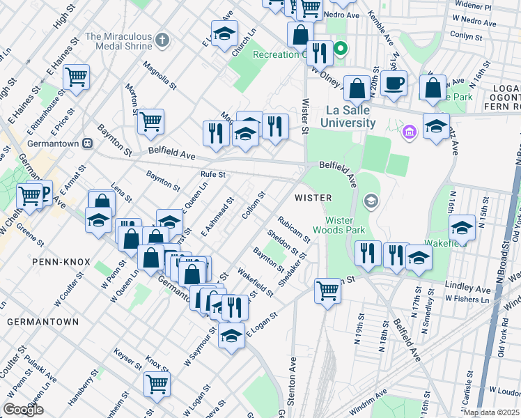 map of restaurants, bars, coffee shops, grocery stores, and more near 5112 Rubicam Street in Philadelphia