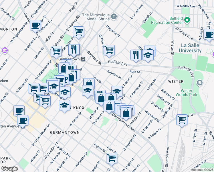 map of restaurants, bars, coffee shops, grocery stores, and more near 5335 Lena Street in Philadelphia