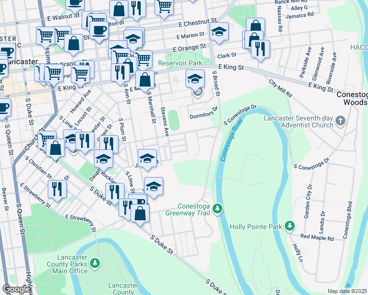 map of restaurants, bars, coffee shops, grocery stores, and more near 654 Clermont Street in Lancaster
