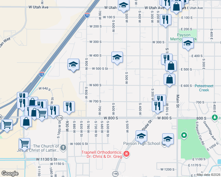 map of restaurants, bars, coffee shops, grocery stores, and more near 643 West 600 South in Payson