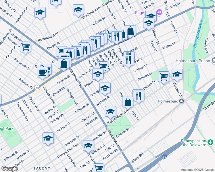 map of restaurants, bars, coffee shops, grocery stores, and more near 4401 Loring Street in Philadelphia