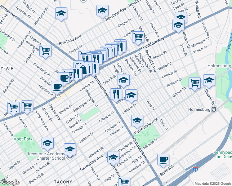 map of restaurants, bars, coffee shops, grocery stores, and more near 4240 Aldine Street in Philadelphia