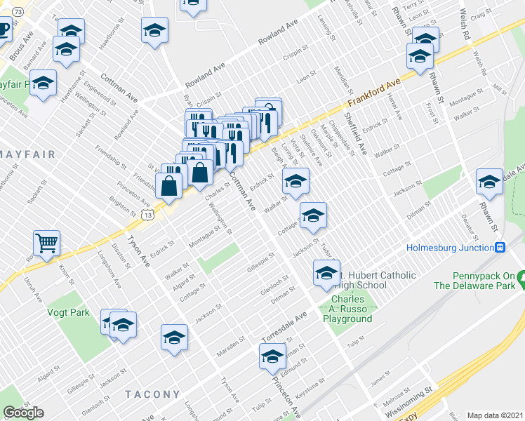map of restaurants, bars, coffee shops, grocery stores, and more near 4249 Cottman Avenue in Philadelphia