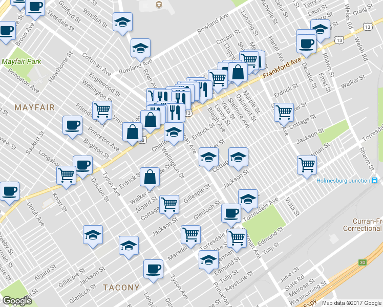 map of restaurants, bars, coffee shops, grocery stores, and more near 4225 Pennsylvania 73 in Philadelphia