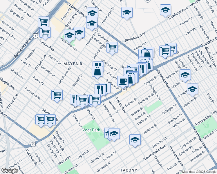map of restaurants, bars, coffee shops, grocery stores, and more near 3354 Brighton Street in Philadelphia