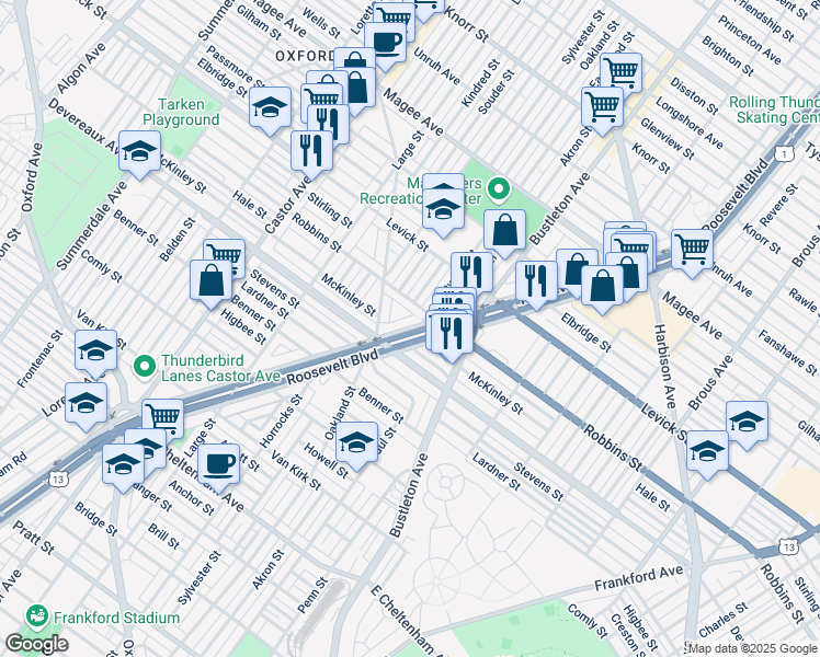 map of restaurants, bars, coffee shops, grocery stores, and more near 1642 Robbins Street in Philadelphia