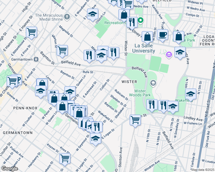 map of restaurants, bars, coffee shops, grocery stores, and more near 5112 Rubicam Street in Philadelphia