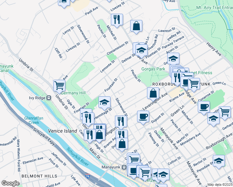 map of restaurants, bars, coffee shops, grocery stores, and more near 325 Gates Street in Philadelphia