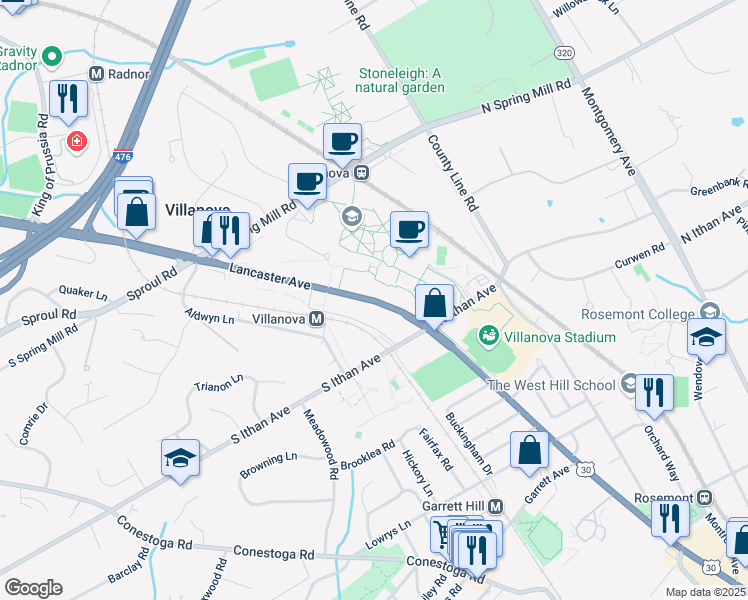 map of restaurants, bars, coffee shops, grocery stores, and more near 800 East Lancaster Avenue in Villanova