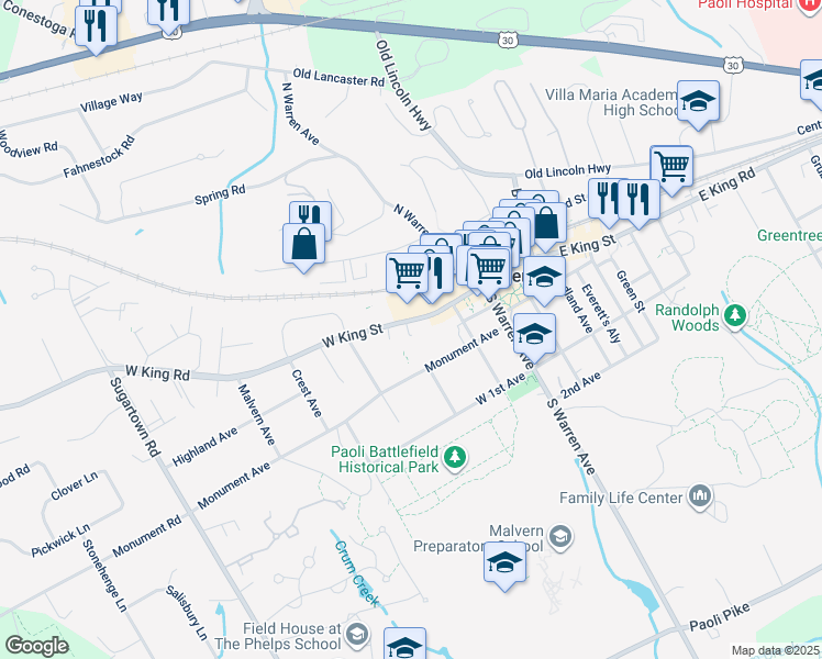 map of restaurants, bars, coffee shops, grocery stores, and more near in Malvern