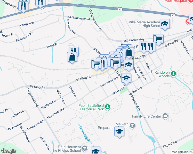 map of restaurants, bars, coffee shops, grocery stores, and more near in Malvern