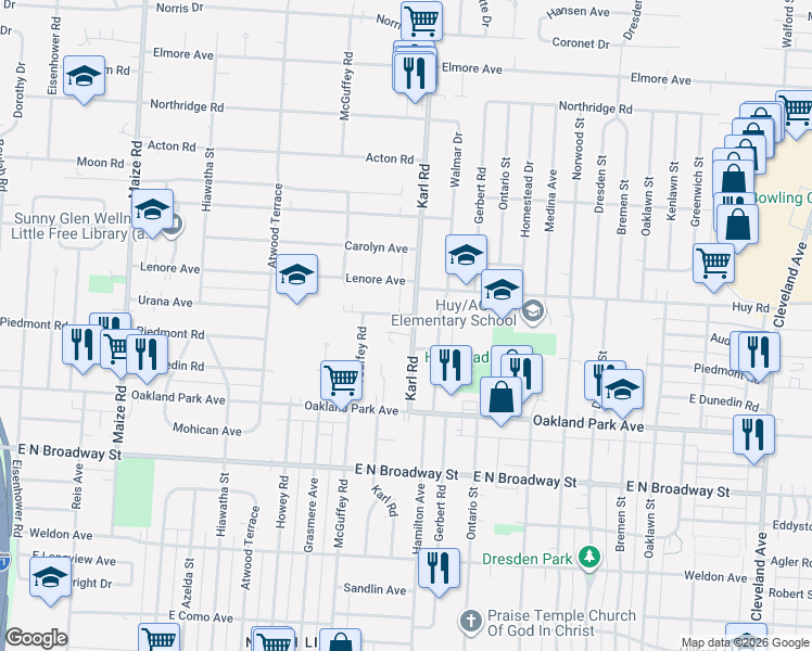 map of restaurants, bars, coffee shops, grocery stores, and more near 3361 Karl Road in Columbus