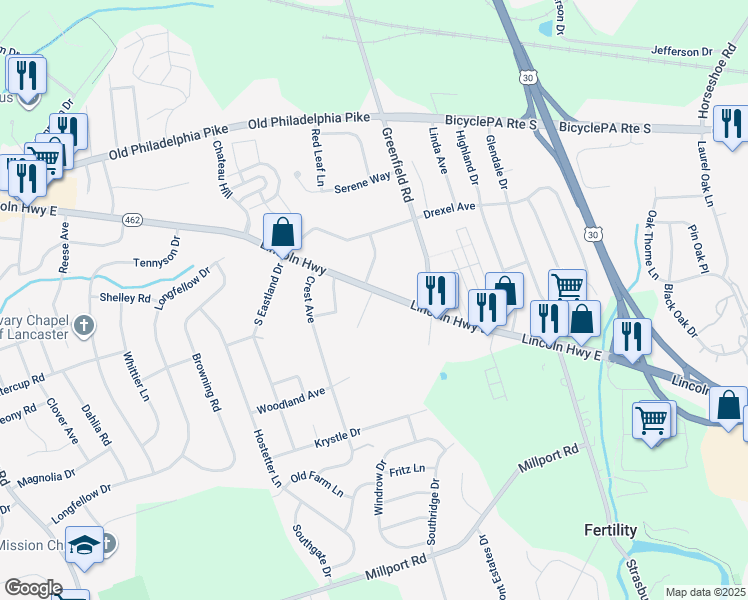 map of restaurants, bars, coffee shops, grocery stores, and more near 1848 Lincoln Highway East in Lancaster
