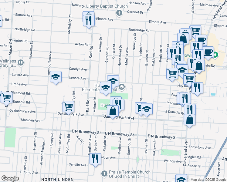 map of restaurants, bars, coffee shops, grocery stores, and more near 1545 Huy Road in Columbus