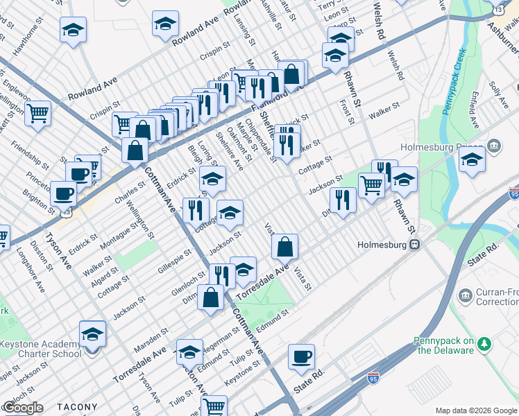 map of restaurants, bars, coffee shops, grocery stores, and more near 4425 Shelmire Avenue in Philadelphia