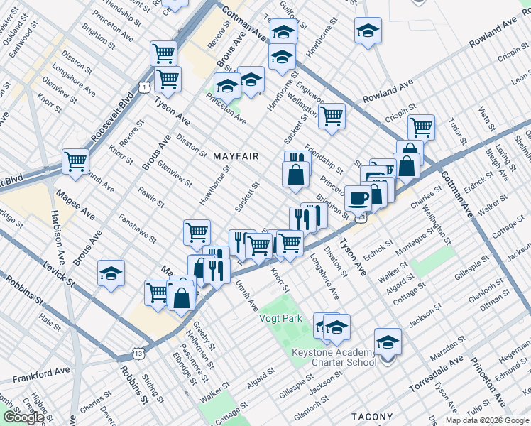 map of restaurants, bars, coffee shops, grocery stores, and more near in Philadelphia