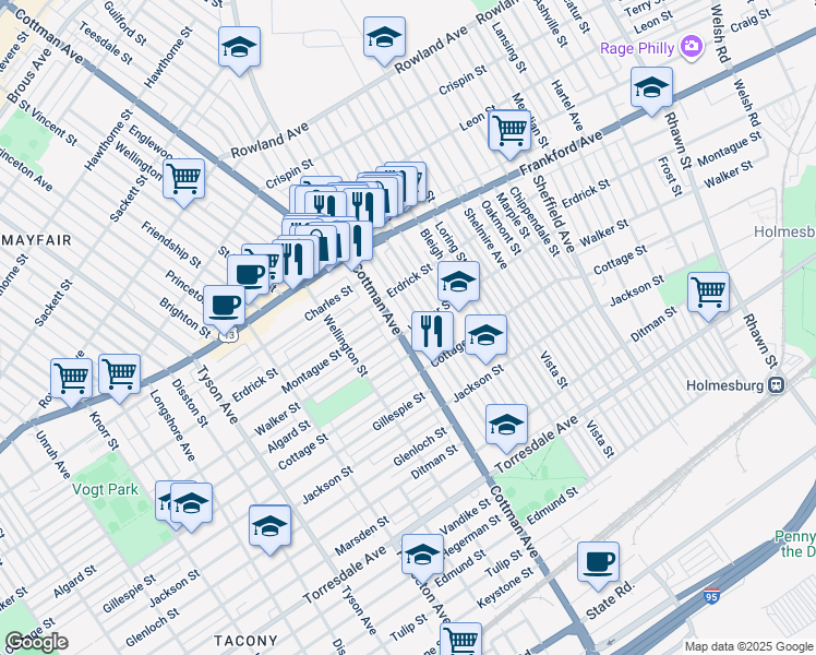 map of restaurants, bars, coffee shops, grocery stores, and more near 4249 Cottman Avenue in Philadelphia