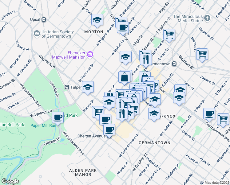 map of restaurants, bars, coffee shops, grocery stores, and more near 244 West Haines Street in Philadelphia