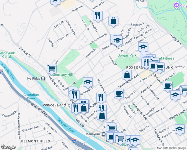 map of restaurants, bars, coffee shops, grocery stores, and more near 4774 Silverwood Street in Philadelphia