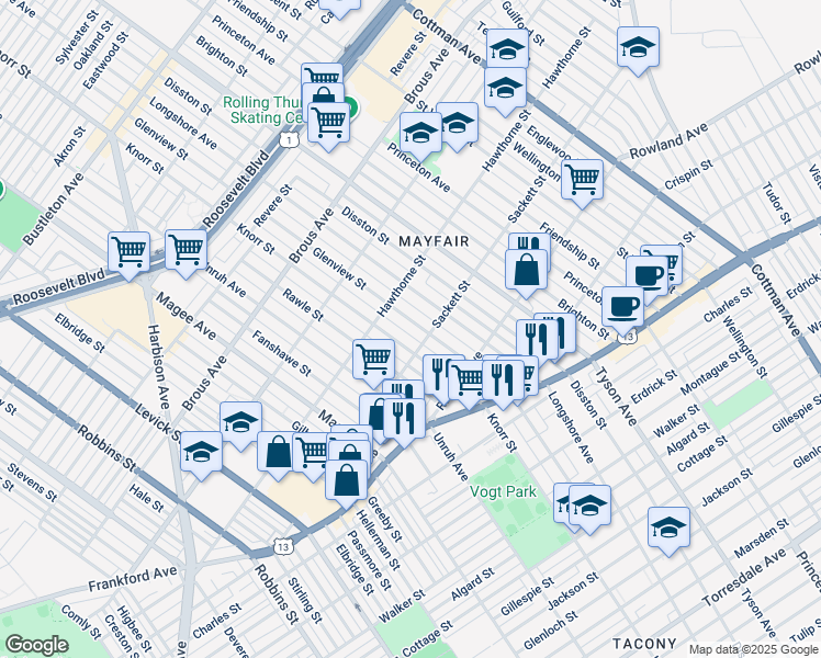 map of restaurants, bars, coffee shops, grocery stores, and more near 3138 Glenview Street in Philadelphia
