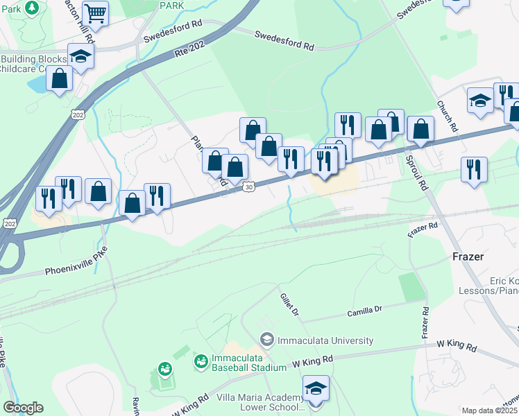 map of restaurants, bars, coffee shops, grocery stores, and more near 16 Norbros Circle in Malvern