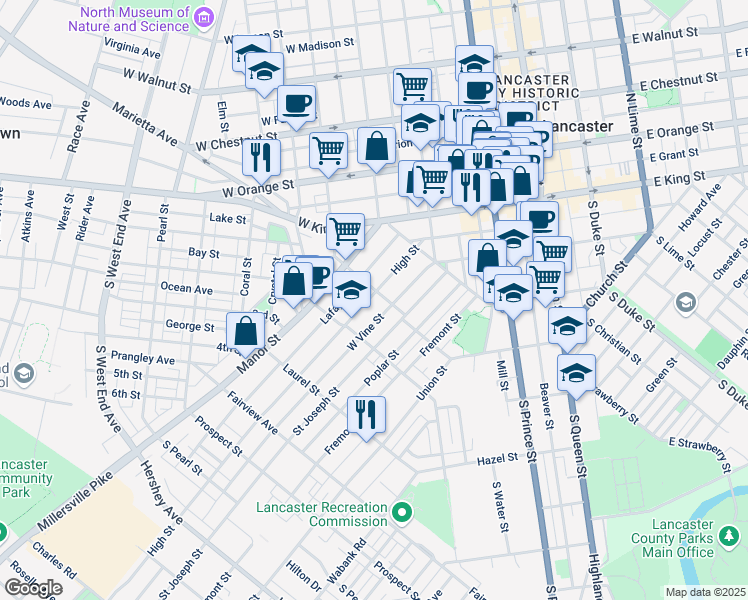 map of restaurants, bars, coffee shops, grocery stores, and more near 512 High Street in Lancaster