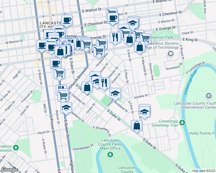 map of restaurants, bars, coffee shops, grocery stores, and more near 520 South Lime Street in Lancaster