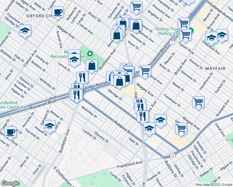 map of restaurants, bars, coffee shops, grocery stores, and more near 2649 Elbridge Street in Philadelphia