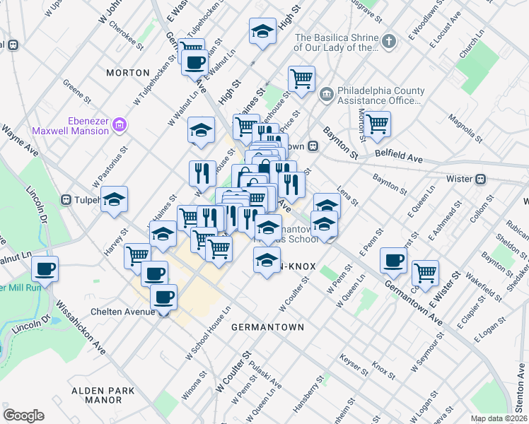 map of restaurants, bars, coffee shops, grocery stores, and more near 23 West Maplewood Mall in Philadelphia