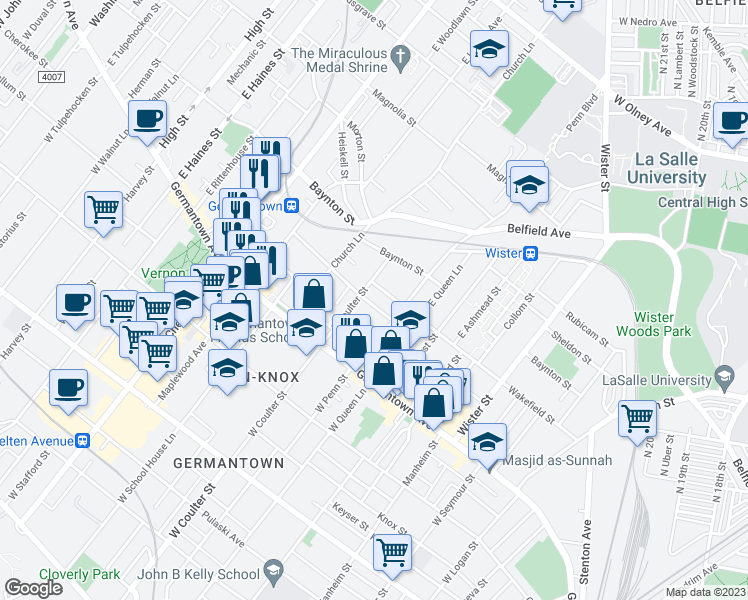 map of restaurants, bars, coffee shops, grocery stores, and more near 5339 Lena Street in Philadelphia