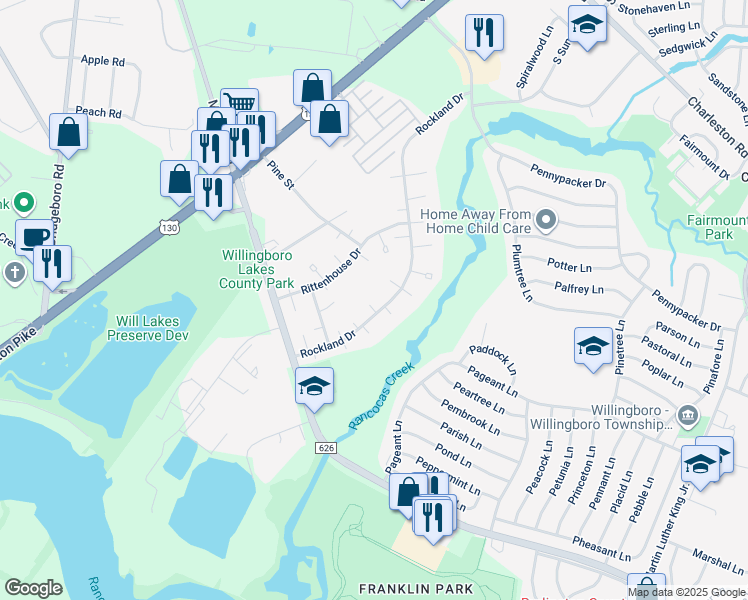 map of restaurants, bars, coffee shops, grocery stores, and more near 16 Rambler Court in Willingboro