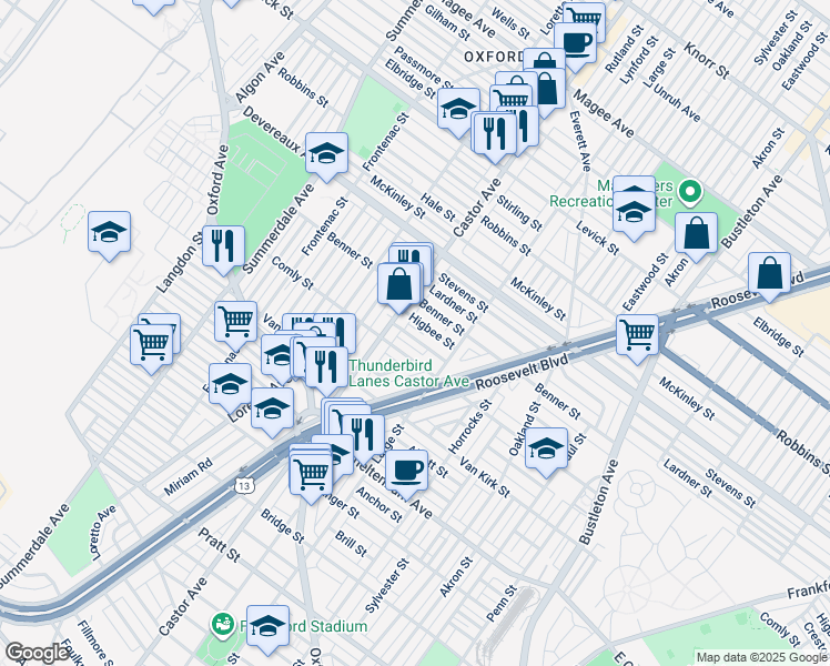 map of restaurants, bars, coffee shops, grocery stores, and more near 1425 Creston St in Philadelphia
