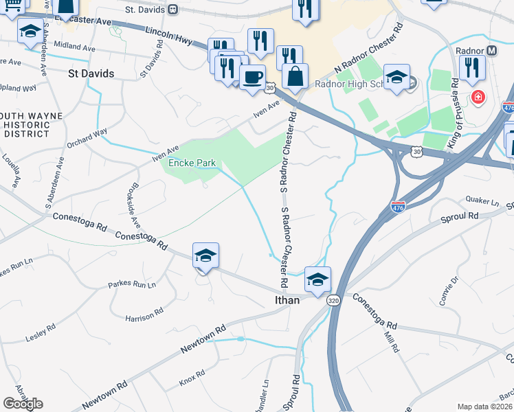 map of restaurants, bars, coffee shops, grocery stores, and more near 216 South Radnor Chester Road in Villanova