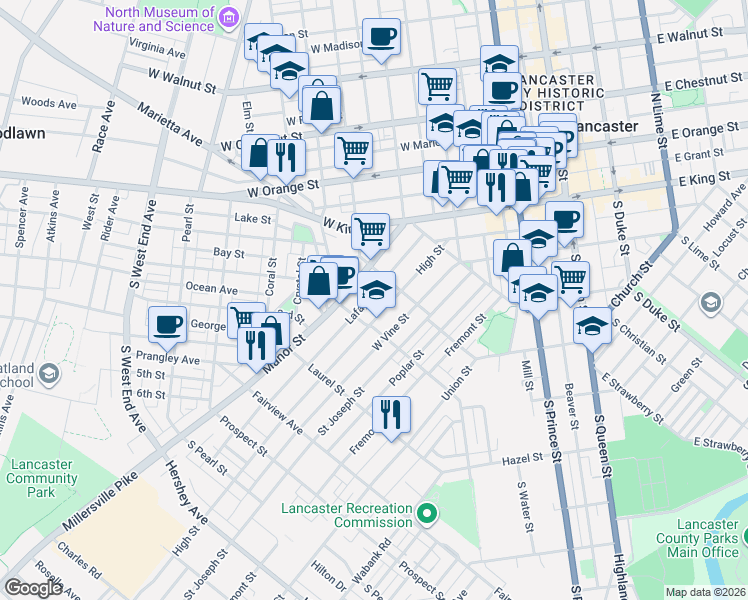 map of restaurants, bars, coffee shops, grocery stores, and more near 519 Lafayette Street in Lancaster