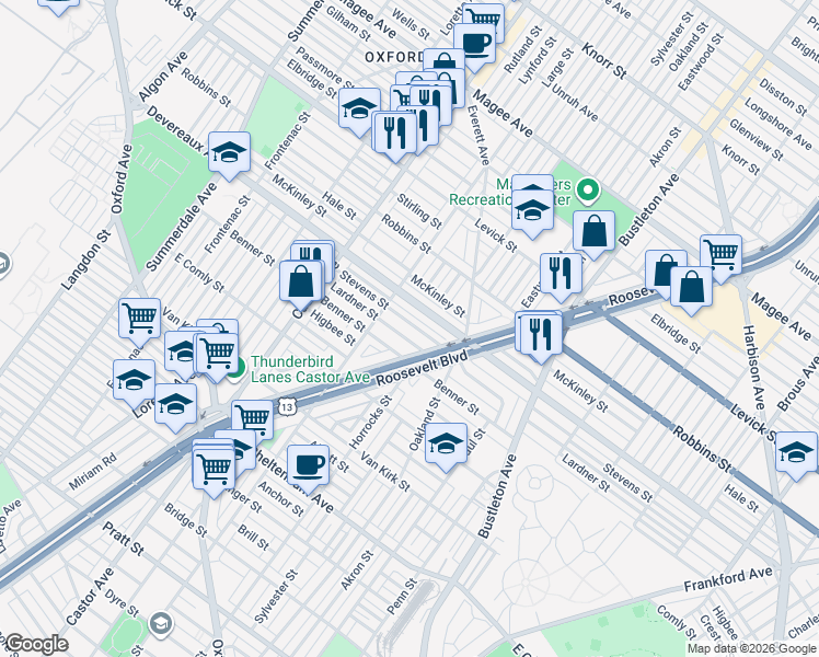 map of restaurants, bars, coffee shops, grocery stores, and more near 1540 Devereaux Avenue in Philadelphia