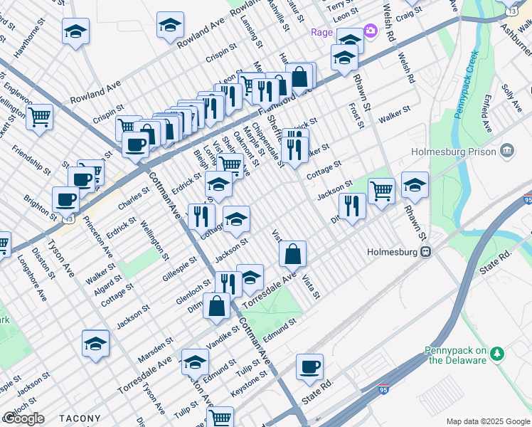 map of restaurants, bars, coffee shops, grocery stores, and more near 4427 Vista Street in Philadelphia