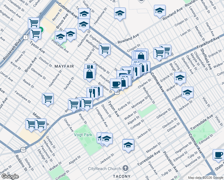 map of restaurants, bars, coffee shops, grocery stores, and more near 3449 Brighton Street in Philadelphia
