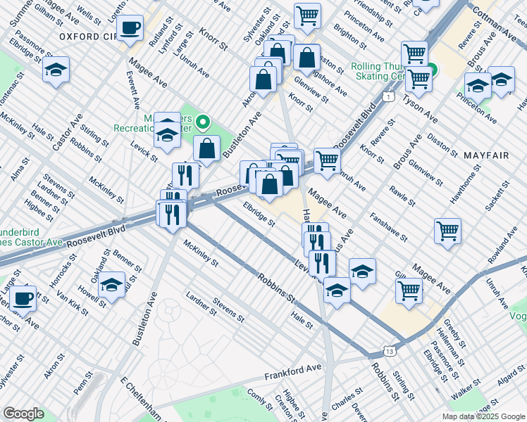 map of restaurants, bars, coffee shops, grocery stores, and more near 2649 Elbridge Street in Philadelphia