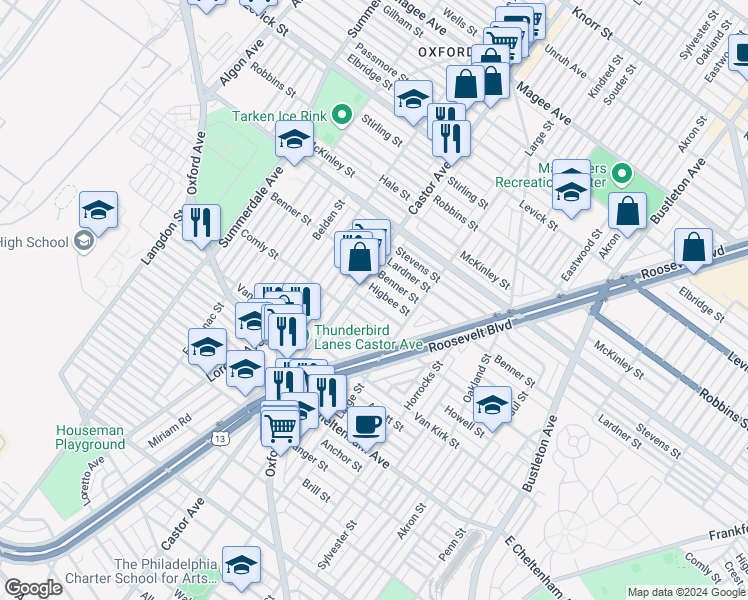 map of restaurants, bars, coffee shops, grocery stores, and more near 1425 Creston St in Philadelphia