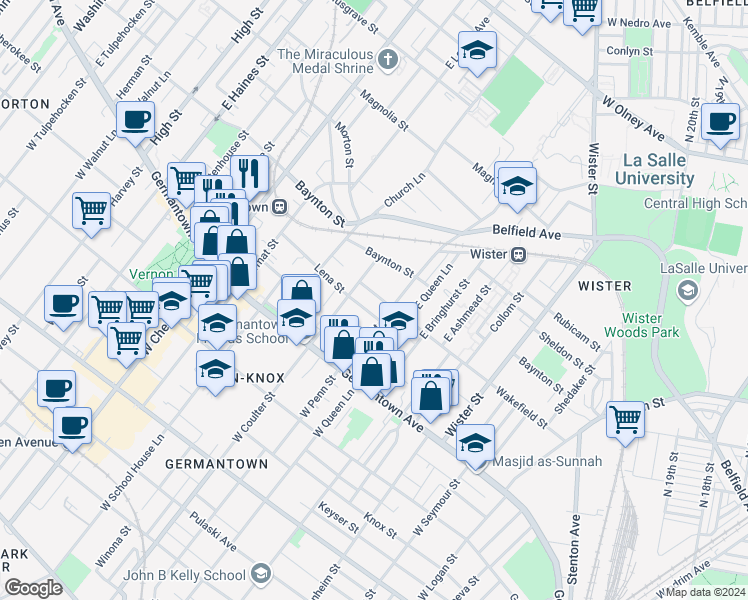map of restaurants, bars, coffee shops, grocery stores, and more near 5318 Wakefield Street in Philadelphia