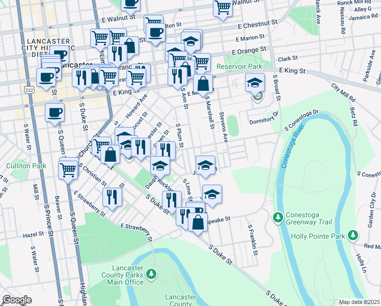 map of restaurants, bars, coffee shops, grocery stores, and more near 310 South Ann Street in Lancaster