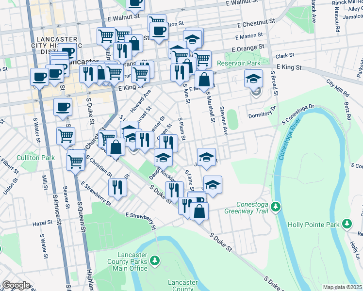 map of restaurants, bars, coffee shops, grocery stores, and more near 33 Dauphin Street in Lancaster