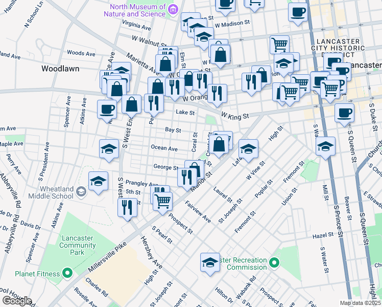map of restaurants, bars, coffee shops, grocery stores, and more near 228 Coral Street in Lancaster
