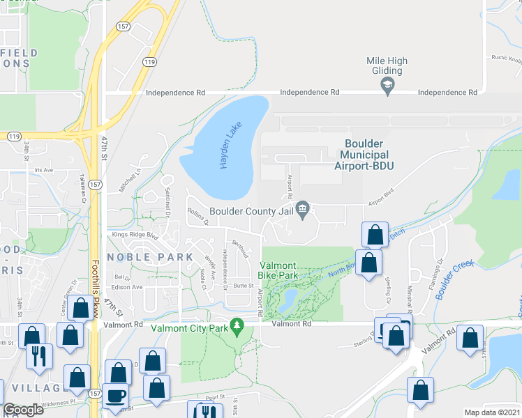 map of restaurants, bars, coffee shops, grocery stores, and more near 3309 Airport Road in Boulder