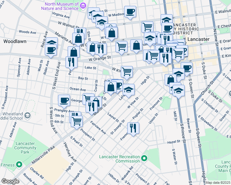 map of restaurants, bars, coffee shops, grocery stores, and more near 601 Manor Street in Lancaster