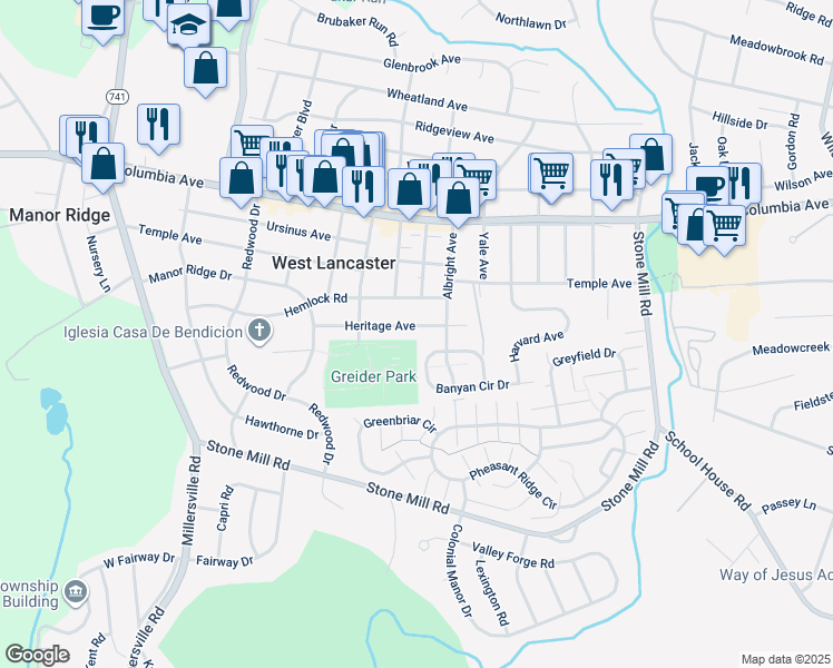 map of restaurants, bars, coffee shops, grocery stores, and more near 1767 Heritage Avenue in Lancaster