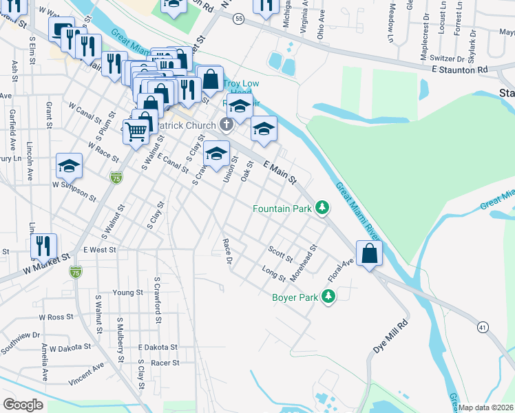map of restaurants, bars, coffee shops, grocery stores, and more near 701 East Canal Street in Troy
