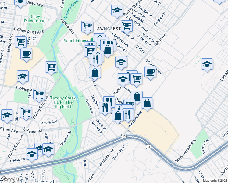 map of restaurants, bars, coffee shops, grocery stores, and more near 5414 Tabor Avenue in Philadelphia